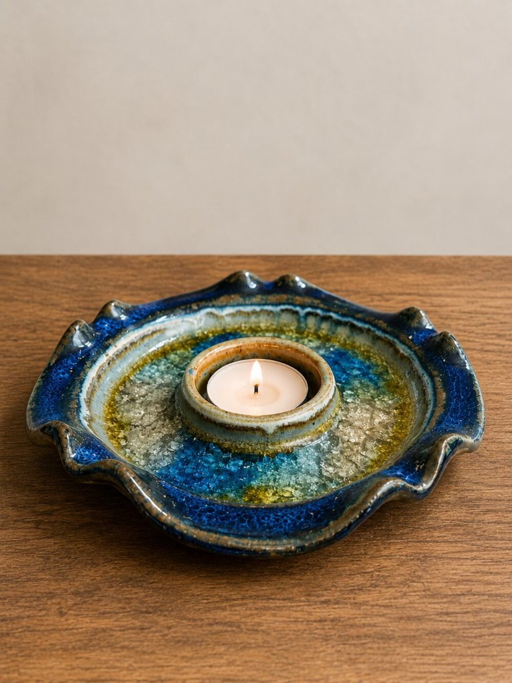 Signed DTE Studio Art Pottery Blue Green Glazed Candle Holder Dish 5.75"